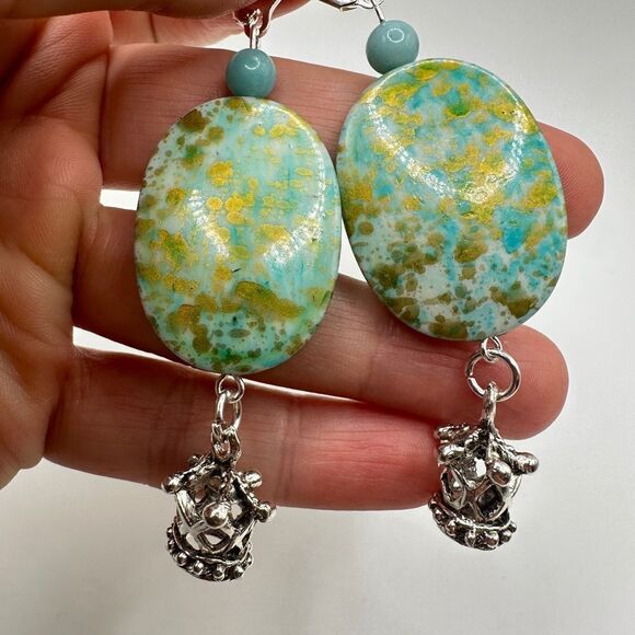 SALE! 3” dangle earrings with painted acrylic beads, stone, and crown charms! - Picture 4 of 13